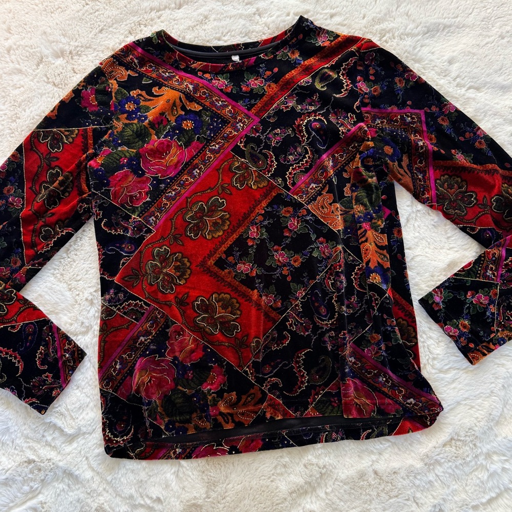 💫Stunning Vintage 90s Y2K Vivid Velvet Floral Paisley Patchwork Long Sleeve Top - Picture 4 of 15